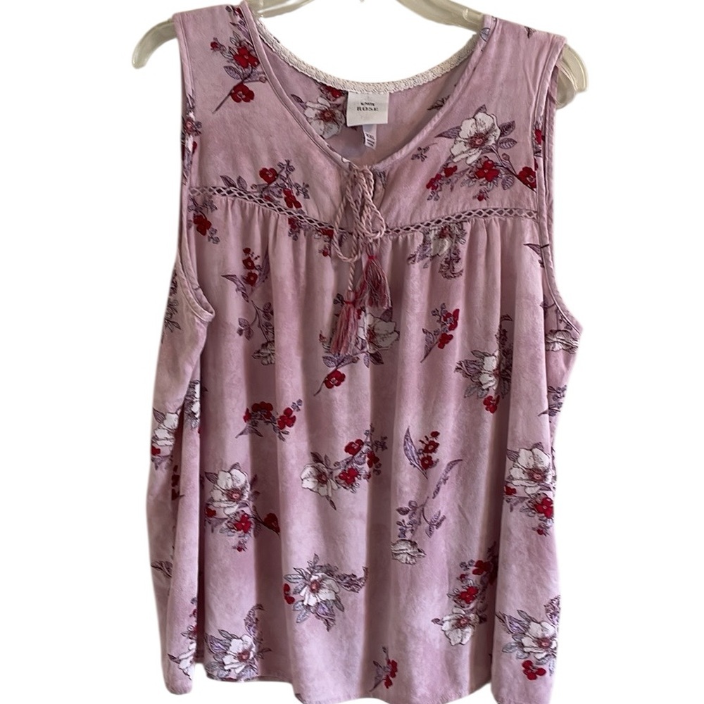 KNOX ROSE FLOWY PINK FLORAL SLEEVELESS PINK TOP Size XXL Tassel Tie Keyhole - Picture 4 of 12
